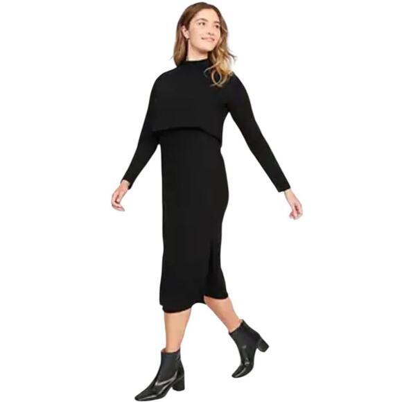 Old Navy Maternity Mock Neck Nursing Sweater Dress Size XL Black Rib Knit Midi - Picture 2 of 16